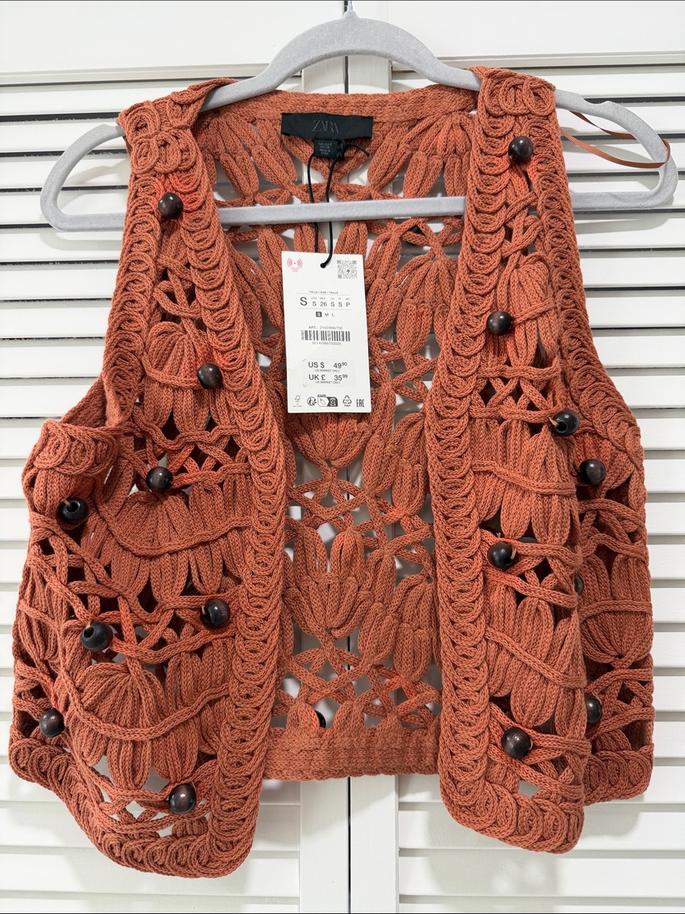 Zara Rust Crochet Button-Front knit vest